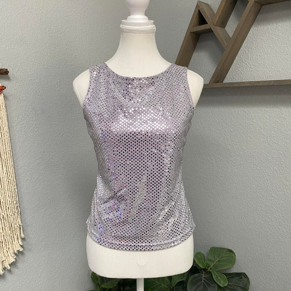 A. BYER SILVER SEQUIN SLEEVELESS TANK TOP Y2K GLAM ROMANTIC FEMININE